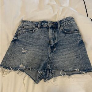 Zara Frayed Hem High-Rise Jean Shorts - Medium Blue